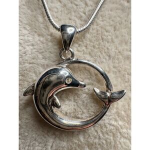 VTG Sterling Silver 925 Dolphin Circle Pendant Necklace Snake Chain CZ Eye 18 In